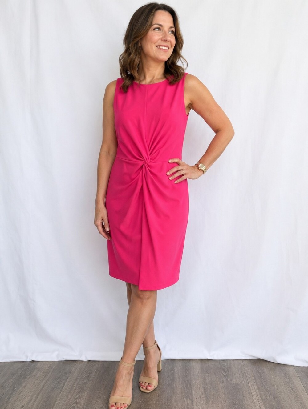 Donna Karan New York Designer Sheath Dress Sz 14 Hot Pink Twist Front NWT